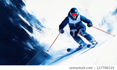 Skiing at high speed on snowy slopes in a winter landscape with a skier showcasing dynamic movement and skillful control in bright sunlight 127706319