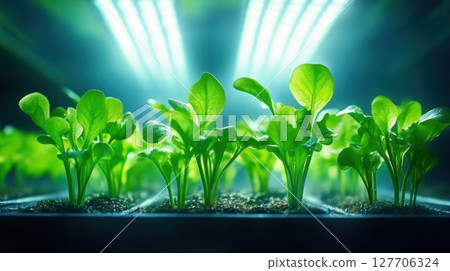 Growing greens in a hydroponic farm under bright LED lights showcasing healthy lettuce seedlings thriving in a controlled environment Growing greens in a hydroponic farm under bright LED lights showcasing healthy lettuce seedlings thriving in a controlled environment 127706324