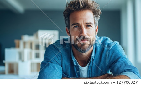 Young man with a beard poses confidently in a modern workspace, showcasing creativity and approachability while surrounded by architectural models 127706327