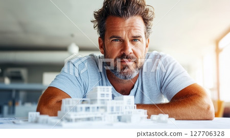 Architect focuses on building model while working in modern office, showcasing creativity and design skills during a bright morning in an urban setting Architect focuses on building model while working in modern office, showcasing creativity and design skills during a bright morning in an urban setting 127706328