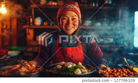 Cooking traditional meals in a cozy kitchen with warm lighting and a joyful chef preparing delicious dishes Cooking traditional meals in a cozy kitchen with warm lighting and a joyful chef preparing delicious dishes 127706329