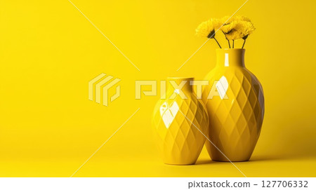 Bright yellow vases with flowers create a cheerful atmosphere in a minimalist setting 127706332