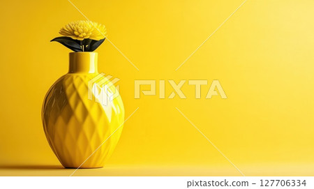 Bright yellow vase with a daisy flower against a vibrant yellow backdrop creating a cheerful and inviting atmosphere Bright yellow vase with a daisy flower against a vibrant yellow backdrop creating a cheerful and inviting atmosphere 127706334