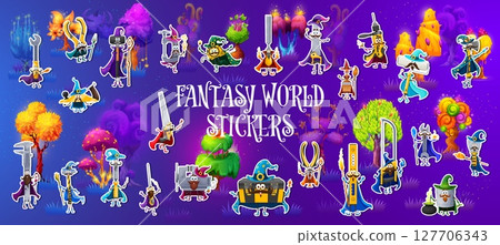 Fairytale Halloween mage and wizard tool characters stickers pack at fairy forest vector background. Cartoon cute magician hammer, screwdriver, ruler and spanner, witch wrench, pliers, drill personage 127706343