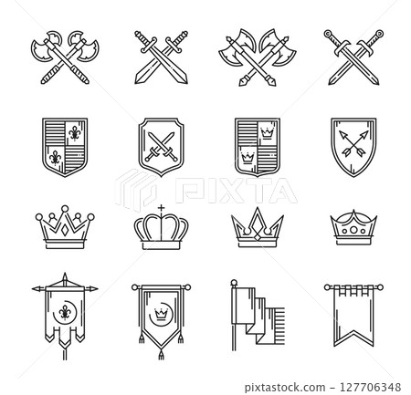 Heraldry line icons, crowns and crossed weapon, shields and pennant flags. Vector outline royal heraldic shields and flags with line crowns, swords and arrows, axes and ribbons, heraldry crest icons 127706348