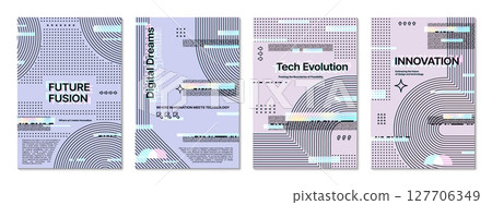 Futuristic glitch poster background, geometric template cover. Business presentation page, corporate brochure cover vector template with futuristic glitch effect, line and dots colorful pattern Futuristic glitch poster background, geometric template cover. Business presentation page, corporate brochure cover vector template with futuristic glitch effect, line and dots colorful pattern 127706349