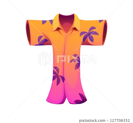 Summer holiday travel cartoon font Hawaiian shirt letter T. Summer travel typeset element, isolated vector type symbol. Tourist leisure kids ABC typeface letter or vacation English alphabet font sign 127706352