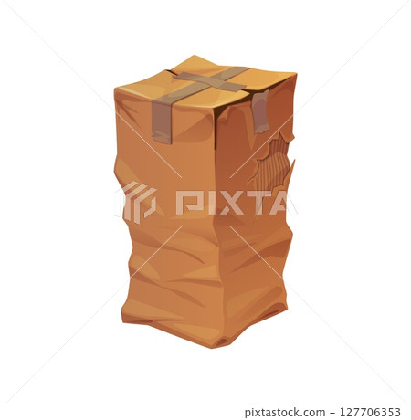 Damaged crumpled cargo delivery cardboard box. Broken and ripped parcel package. Isolated cartoon vector crushed package representing delivery and logistic issues, mishandling and shipping problems Damaged crumpled cargo delivery cardboard box. Broken and ripped parcel package. Isolated cartoon vector crushed package representing delivery and logistic issues, mishandling and shipping problems 127706353