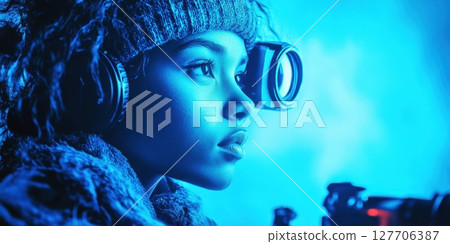 Young explorer wearing goggles and headphones gazes intently at surroundings in a blue-lit environment created by artificial light in a nighttime adventure Young explorer wearing goggles and headphones gazes intently at surroundings in a blue-lit environment created by artificial light in a nighttime adventure 127706387