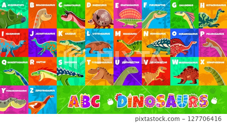 Kids prehistoric dinosaurs alphabet. Cartoon vector abc with funny prehistoric dino creatures from A to Z. Educational poster with dinosaur names and letters on vibrant backgrounds for kids learning Kids prehistoric dinosaurs alphabet. Cartoon vector abc with funny prehistoric dino creatures from A to Z. Educational poster with dinosaur names and letters on vibrant backgrounds for kids learning 127706416