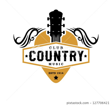 Country music club icon featuring a guitar headstock, swirled embellishments, mediator and vintage banner. Vector rustic musical emblem representing country music performances, festivals or fun event 127706421
