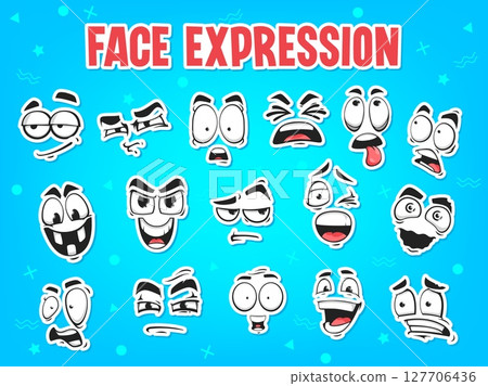 Cartoon face stickers pack. Comical character happy and evil laughing, suspicious, shocked and crazy, scared, surprised, skeptic emotions face expressions retro isolated vector stickers collection Cartoon face stickers pack. Comical character happy and evil laughing, suspicious, shocked and crazy, scared, surprised, skeptic emotions face expressions retro isolated vector stickers collection 127706436