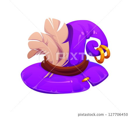 Cartoon Halloween witch and wizard purple hat with feathers, golden rings and leather belt, casting an enchanting, spooky aura. Isolated vector whimsical and stylish cap for casting evil enchantments 127706450