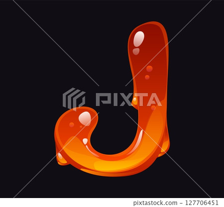 Flowing honey cartoon font letter J. Liquid caramel English alphabet type letter, yellow honey vector symbol. Sweet amber flow cartoon font sign or tasty candy ABC typeset element 127706451