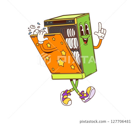 Cartoon groovy dishwasher, furniture character. Household and kitchen appliance, home electronics isolated retro vector cute personage or hippie mascot. Dish washing machine groovy funny character Cartoon groovy dishwasher, furniture character. Household and kitchen appliance, home electronics isolated retro vector cute personage or hippie mascot. Dish washing machine groovy funny character 127706481