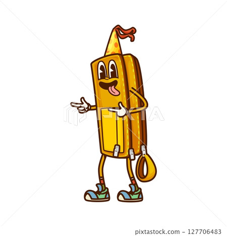 Cartoon groovy school stationery character with funny face, vector comic personage. Groovy school stationery pouch bag character with cool gesture and birthday cap in retro cartoon for student study 127706483