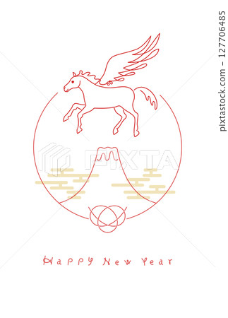 New Year's material: Simple and stylish New Year's card material of Pegasus flying at the first sunrise and Mt. Fuji (Year of the Horse) 127706485