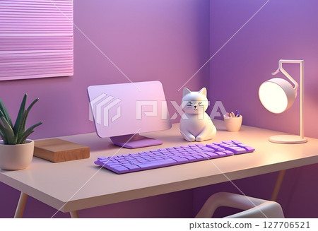 有一台電腦和一隻貓的桌子 127706521