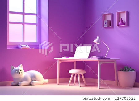 有一台電腦和一隻貓的桌子 127706522