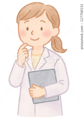 拿著平板電腦的女研究員水彩插圖PNG透明背景素材 127706532