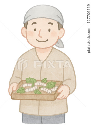 雄蠶農夫拿著托盤，托盤裡裝著蠶，水彩插圖PNG透明背景素材 127706539