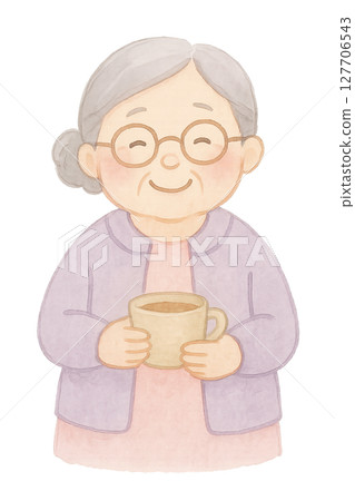 拿著咖啡杯的微笑的老婦人水彩插圖PNG透明背景素材 127706543