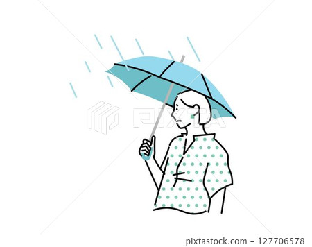 雨季期間，一名婦女在雨中撐著傘 — 愁眉苦臉 — 心情低落 — 矢量圖 127706578