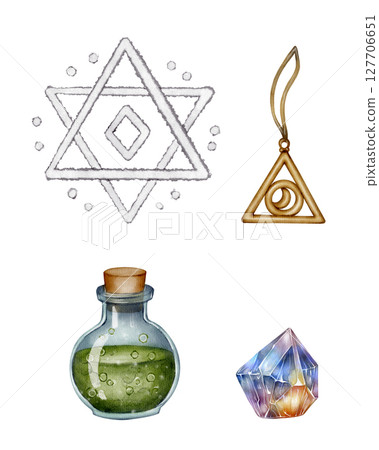 set of Magic potion bottle, crystal and alchemy triangle symbol set of Magic potion bottle, crystal and alchemy triangle symbol 127706651