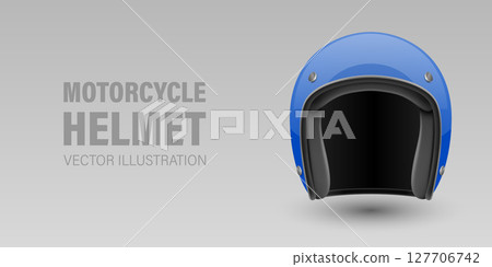 Vector 3D Realistic Blue Classic Vintage Open-Face Motorbike Helmet. Glossy Motorcycle Helmet Design Template for Mockup. Side View. Motorcycle Helmet Icon, Closeup, Isolated 127706742
