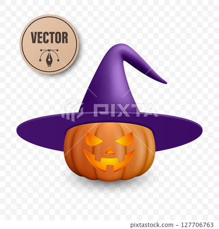 Vector Halloween Pumpkin with Witch Hat. Glowing Jack-o-Lantern with Spooky Smile and Witch Hat for Halloween Party Decor. Halloween Digital Clipart Vector Halloween Pumpkin with Witch Hat. Glowing Jack-o-Lantern with Spooky Smile and Witch Hat for Halloween Party Decor. Halloween Digital Clipart 127706763