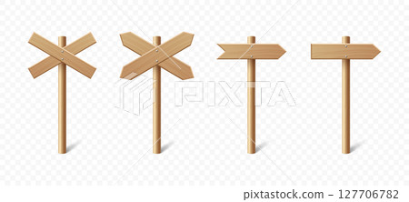 Vector Realistic Wooden Blank Sign Post Set. Realistic Road Signboard. Plywood Pointer, Timber, Directional Sign Design Template, Front View. Vector Illustration in 3D Style Vector Realistic Wooden Blank Sign Post Set. Realistic Road Signboard. Plywood Pointer, Timber, Directional Sign Design Template, Front View. Vector Illustration in 3D Style 127706782