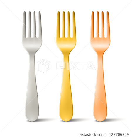 Vector 3d Fork Set Isolated on White. Realistic Silver, Gold and Copper Fork Icon. Metal Cutlery Illustration. Tableware Utensils, Restaurant, Kitchenware, Dinnerware, Food Serving Design Template 127706809