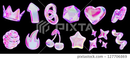 3d crystal glass hologram y2k shape set - pink and purple neon gradient heart, stars, fire, lightning, crown, cherry, chain, arrow, polygon, spiral line and sphere on black background. 3D illustration 127706869
