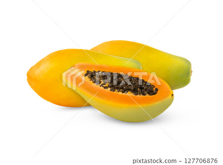 Two colorful papaya fruits and a cut in half isolated. Two colorful papaya fruits and a cut in half isolated. 127706876