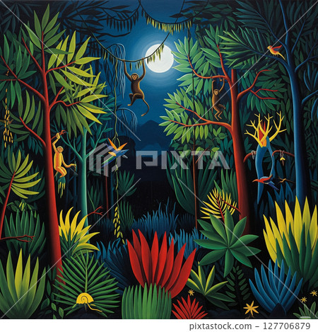 Moonlit Jungle Primitivism, Rousseau-inspired AI Art, Vivid Tropical Night Moonlit Jungle Primitivism, Rousseau-inspired AI Art, Vivid Tropical Night 127706879
