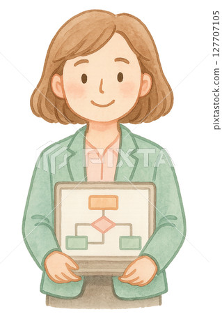 拿著系統配置圖的女性系統工程師水彩插圖PNG透明背景素材 127707105