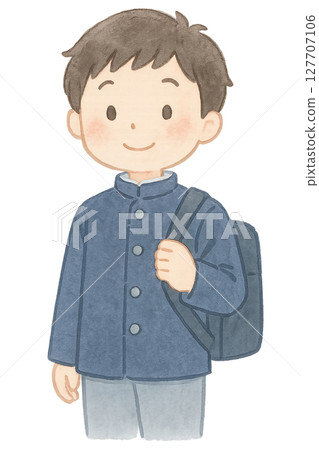 Male junior high school student in school uniform carrying a school bag watercolor illustration PNG transparent background material 127707106