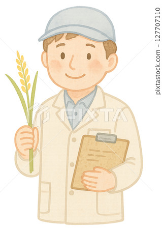 Male rice researcher holding rice and clipboard Watercolor illustration PNG transparent background material 127707110