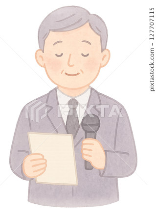 手持麥克風和手稿的男主持人。葬禮主持人的水彩畫。 PNG透明背景素材 127707115