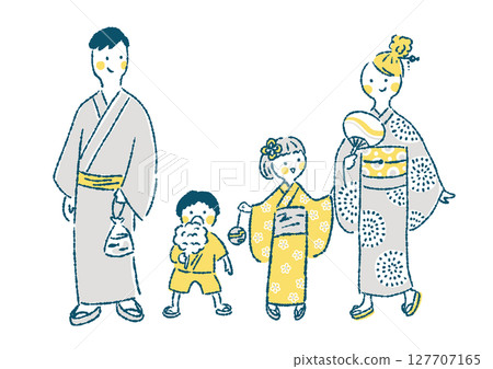 A hand-drawn illustration of a family of four wearing yukatas enjoying a summer festival A hand-drawn illustration of a family of four wearing yukatas enjoying a summer festival 127707165