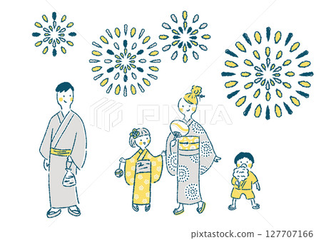 A hand-drawn illustration of a family in yukata enjoying fireworks at a summer festival 127707166