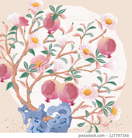 Vector Illustration of a Flowering and Fruiting Pomegranate Tree in Traditional Korean Minhwa Style 127707168