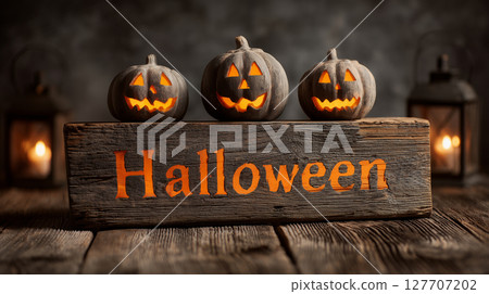 Wooden board with Halloween lettering and pumpkin | Lantern light 127707202