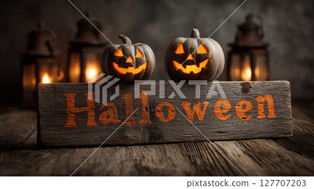 Wooden board with Halloween lettering and pumpkin | Lantern light 127707203