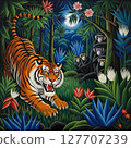 Tiger Stalking Monkeys, Moonlit Jungle Primitivism 127707239
