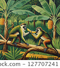 Monkeys Sharing Banana, Tropical Forest Scene, Primitivism AI Art 127707241