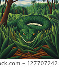 Green Serpent in Jungle Grass, Primitivism AI Illustration 127707242