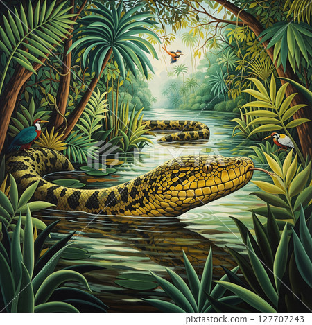 Giant Serpent in Tropical River, Rousseau-inspired AI Art 127707243