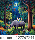 Rhino with Parrots, Moonlit Jungle, Rousseau Primitivism 127707244