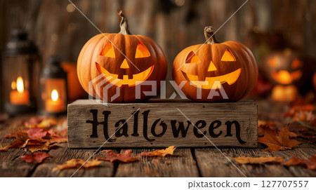 Smiling jack-o-lantern and Halloween wooden board | Bokeh background of lantern 127707557